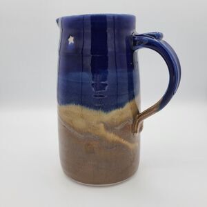 Vintage Studio Pottery Pitcher Blue Brown Artist Signed 8 1/2" Tall
